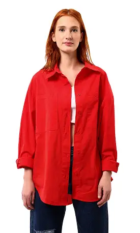 O179209 Turn Down Collar Solid Red Long Shirt