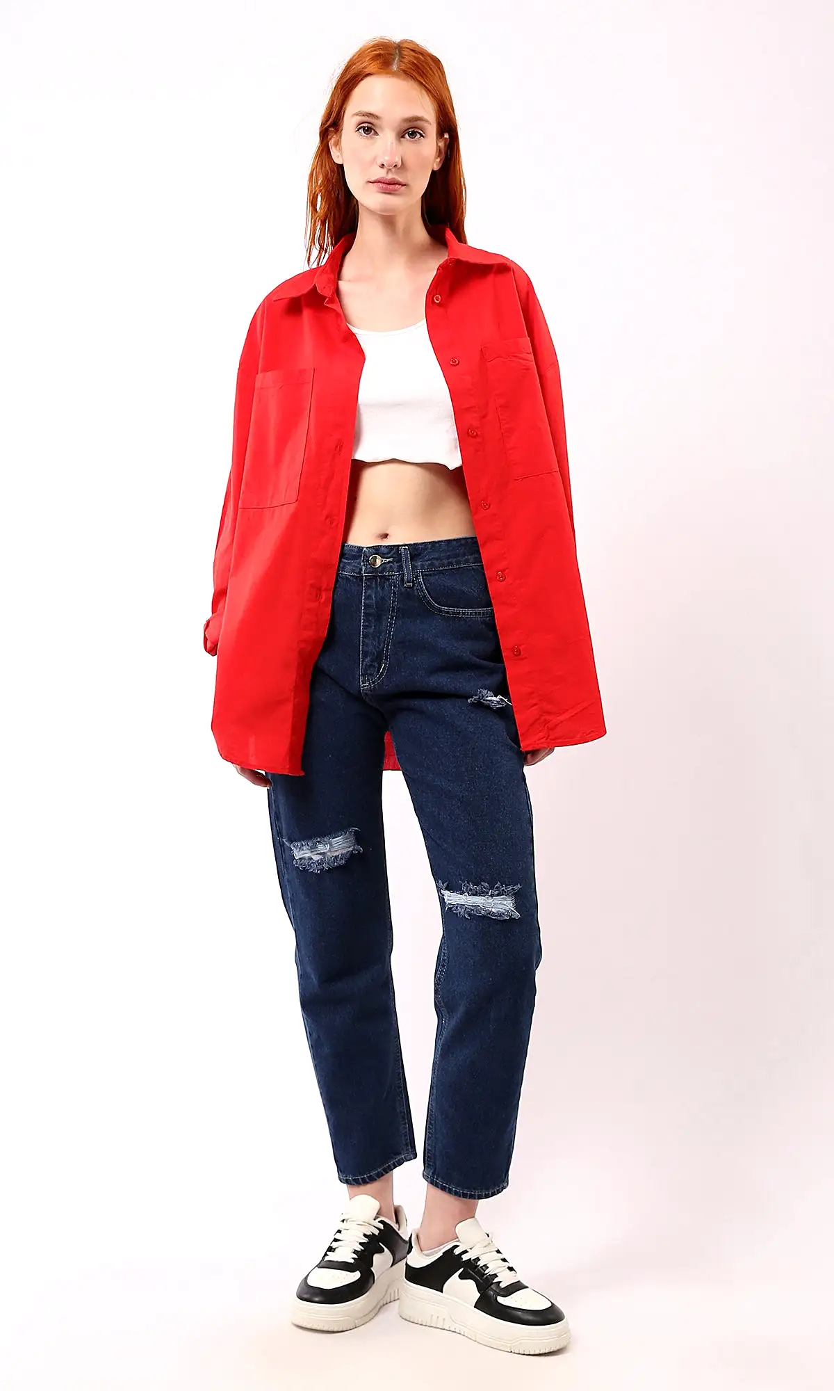 O179209 Turn Down Collar Solid Red Long Shirt