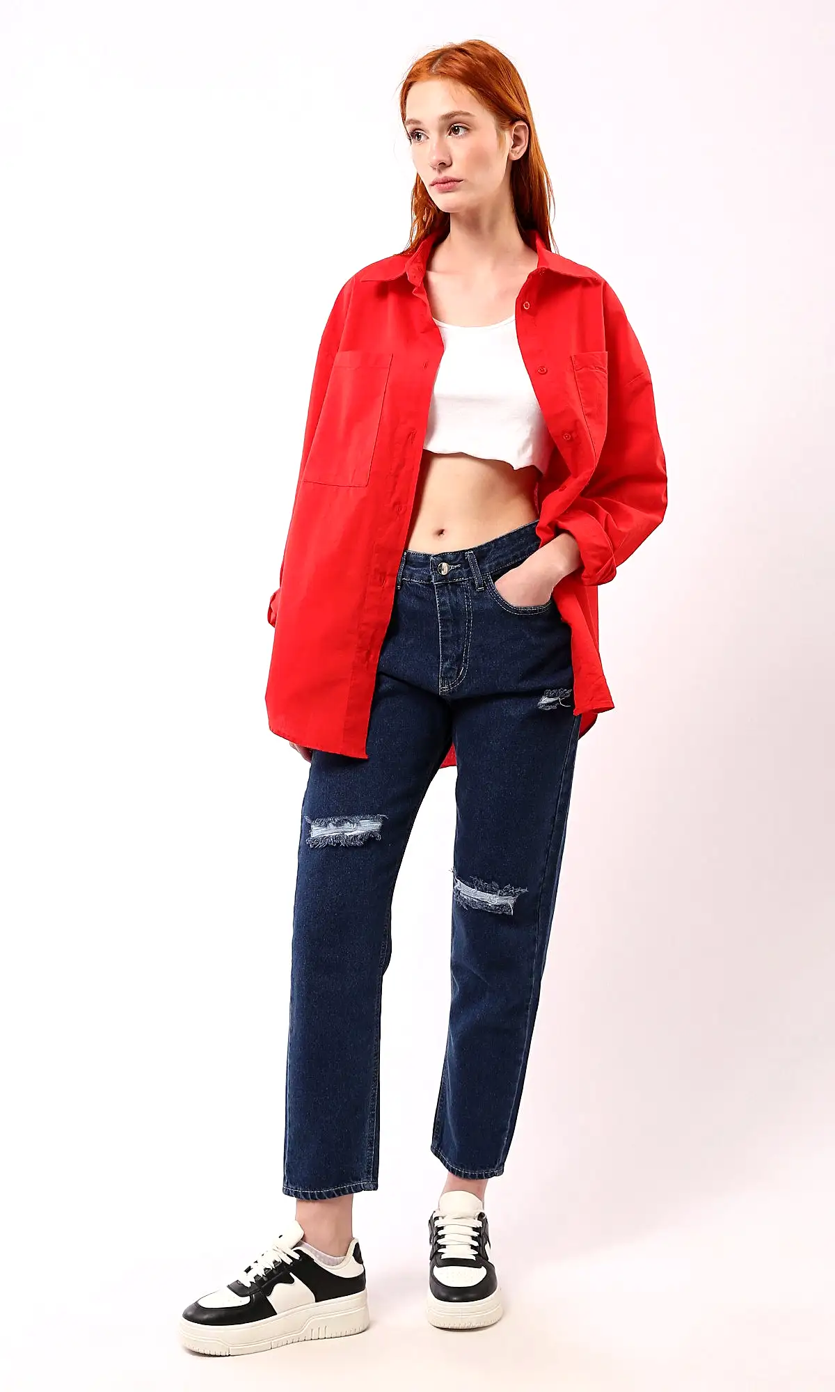 O179209 Turn Down Collar Solid Red Long Shirt