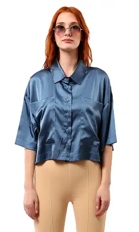 O182043 Turn Down Collar Steel Blue Shiny Shirt