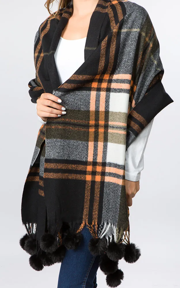 OA93B4 Plaid Pattern Scarf w/Faux Fur Pom Pom