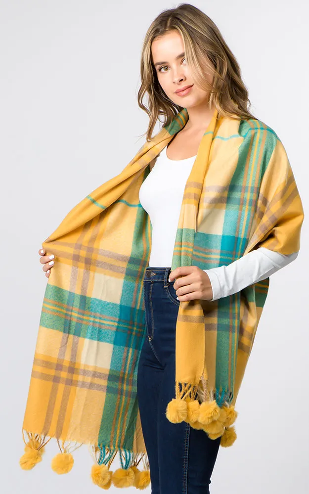 OA93B4 Plaid Pattern Scarf w/Faux Fur Pom Pom