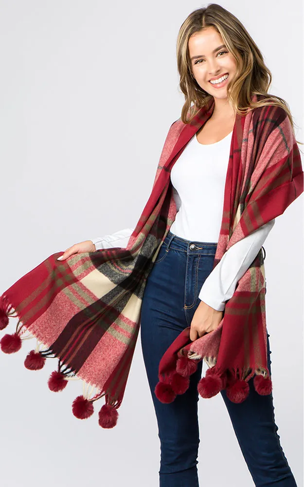 OA93B4 Plaid Pattern Scarf w/Faux Fur Pom Pom