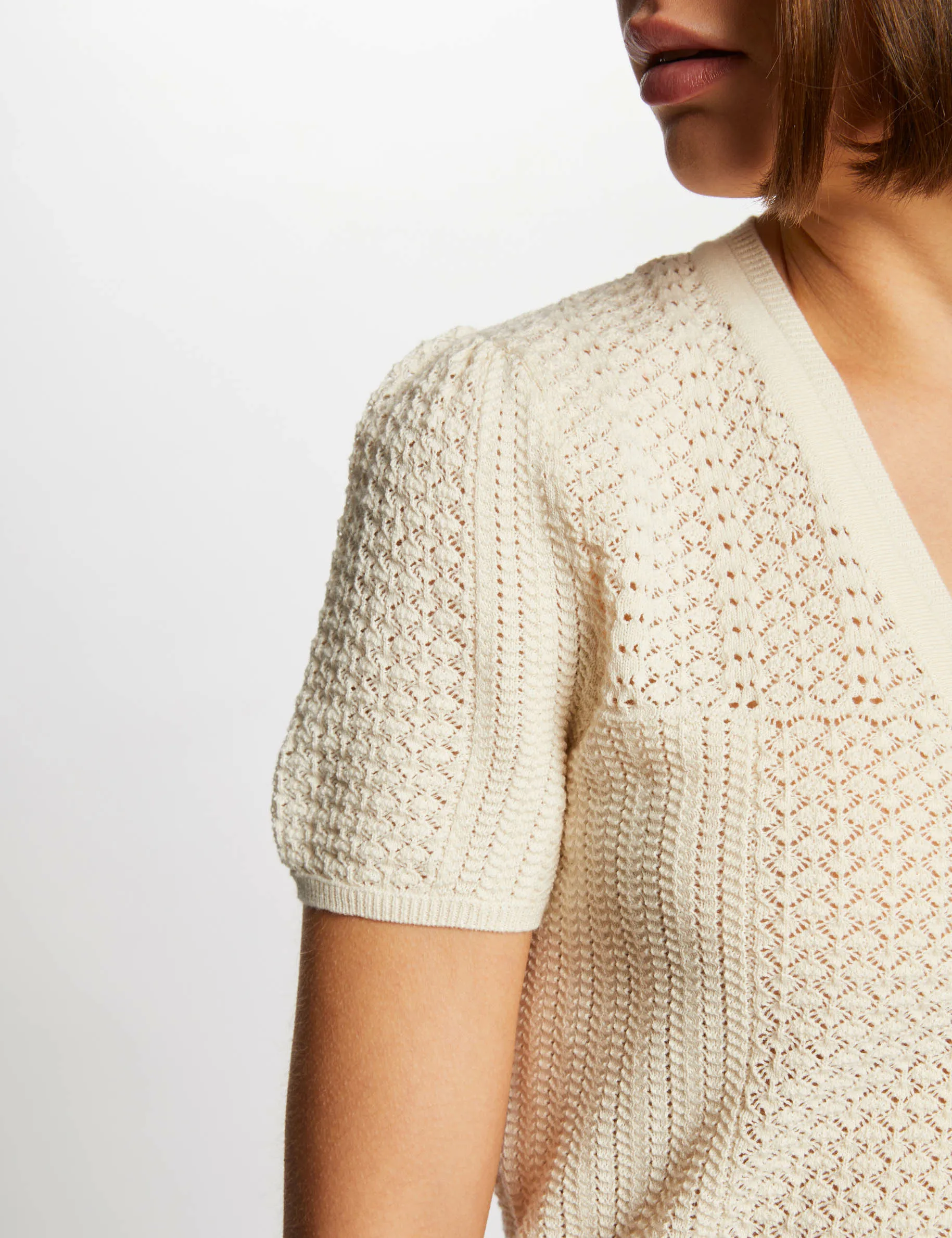 Openwork cardigan V-neck ivory women