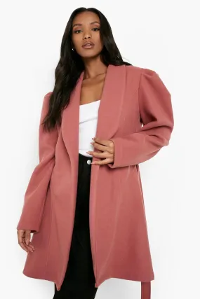 Petite Puff Sleeve Belted Wool Look Coat