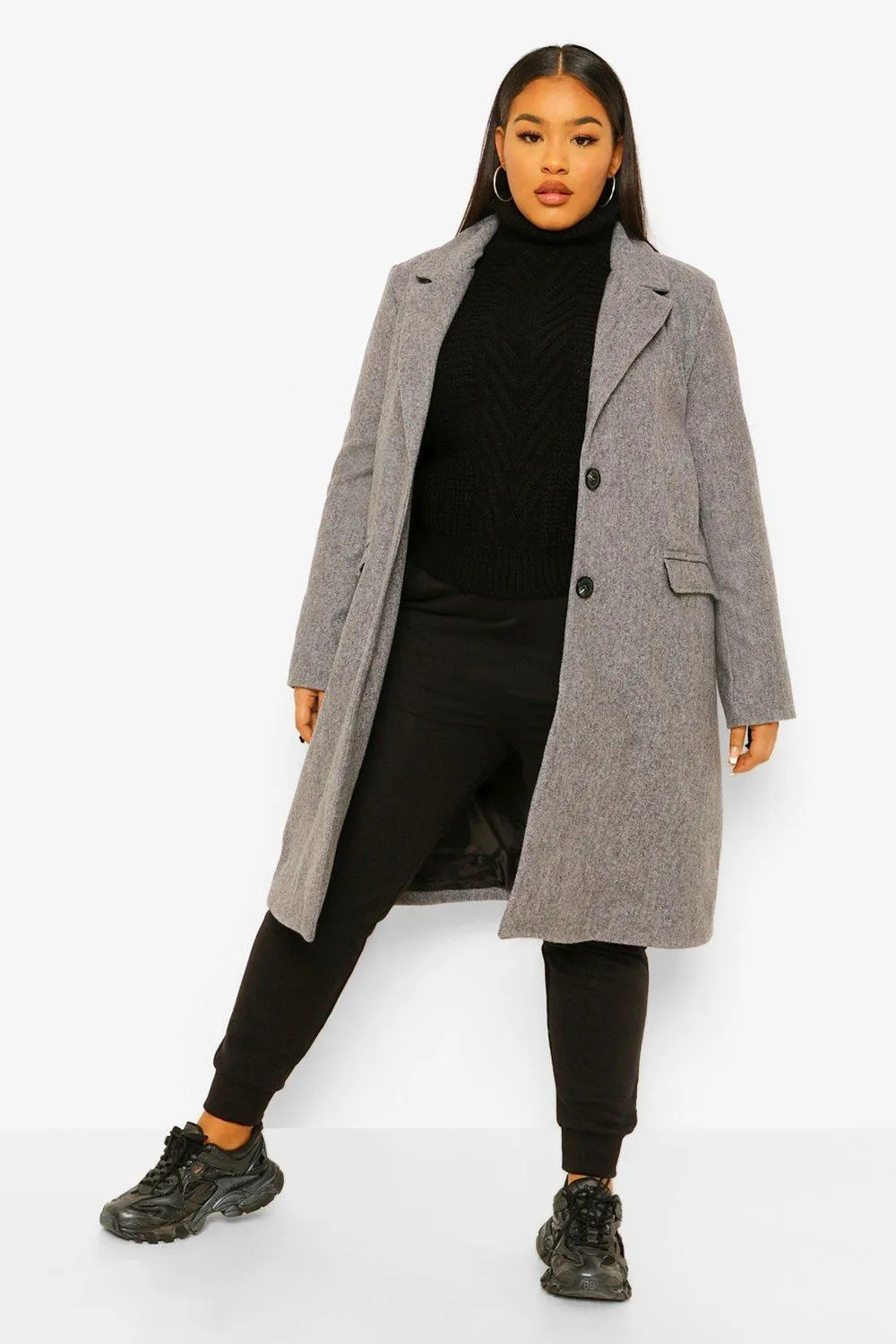 Plus Brushed Herringbone Wool Look Coat