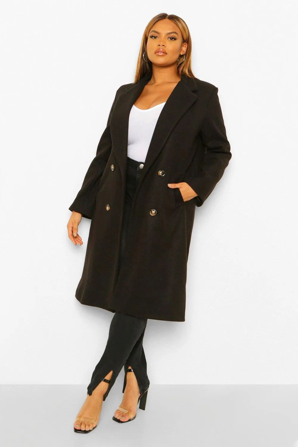 Plus Check Double Breasted Boyfriend Wool Look Coat