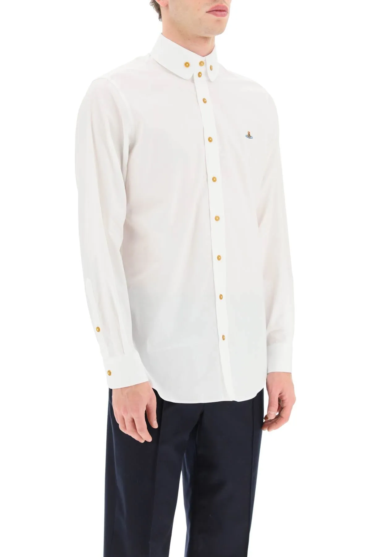 Poplin Shirt With Button Down Collar And Orb Embroidery