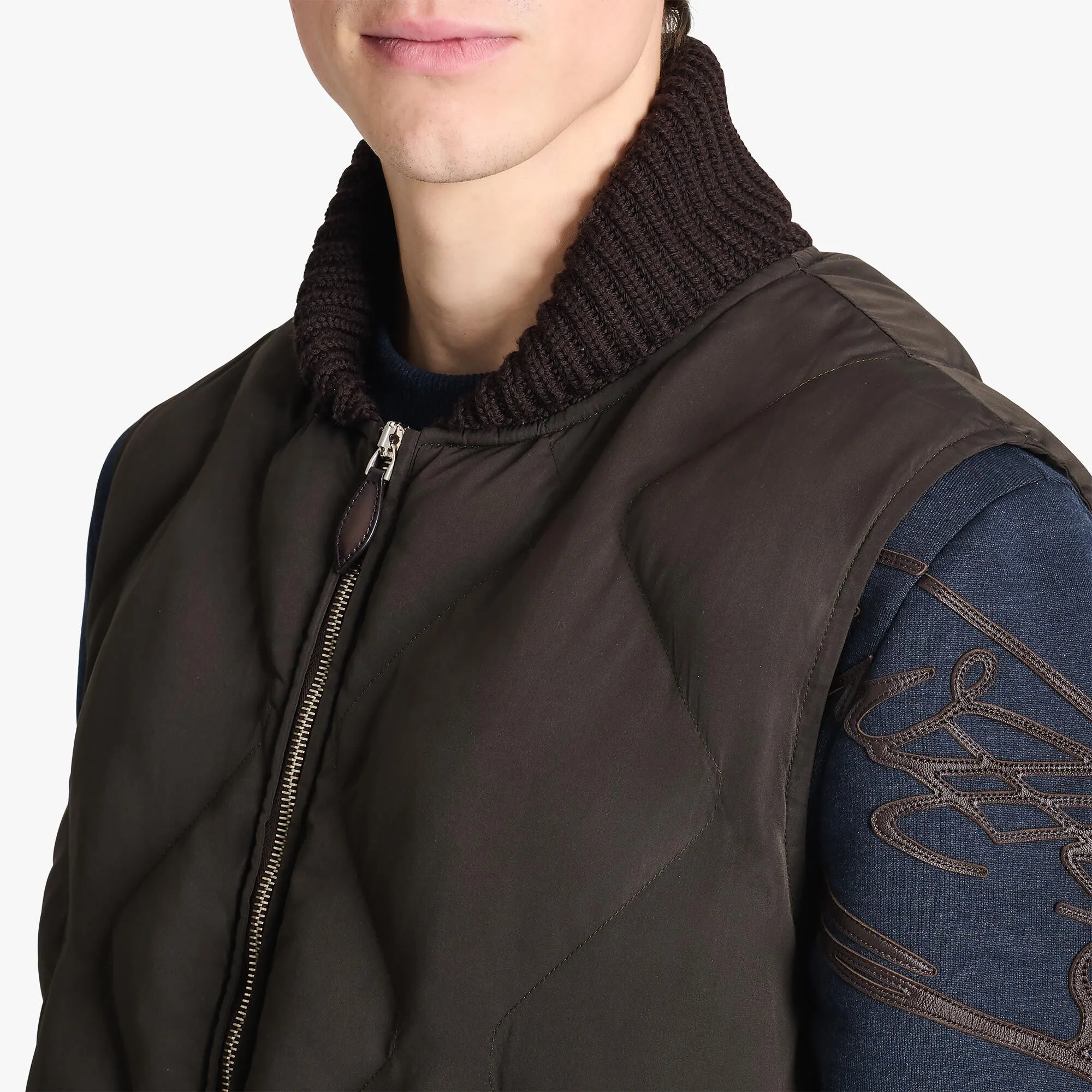 Quilted Nylon Down Gilet With Knit Collar