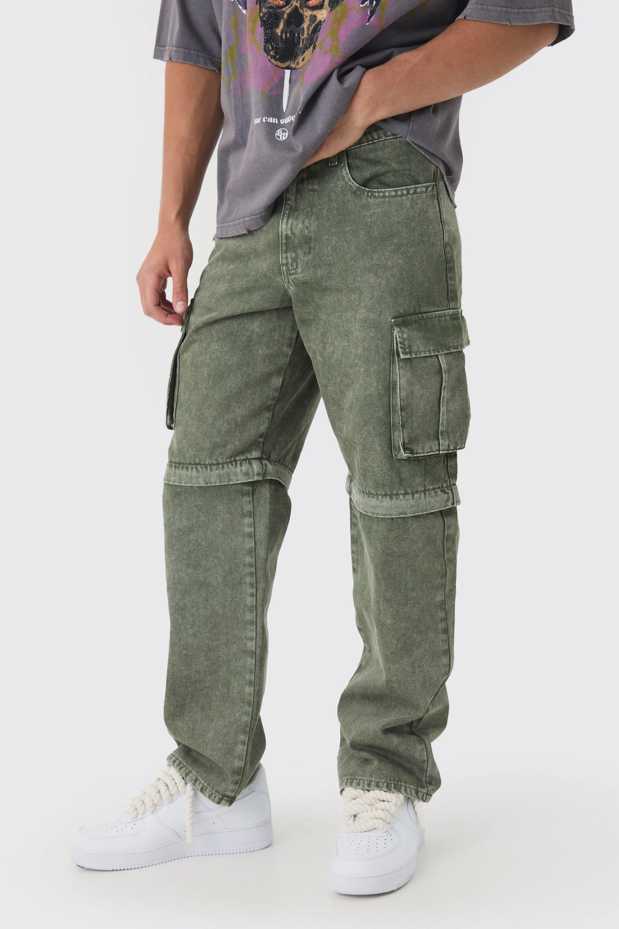 Relaxed Acid Wash Zip Off Twill Cargo Trousers