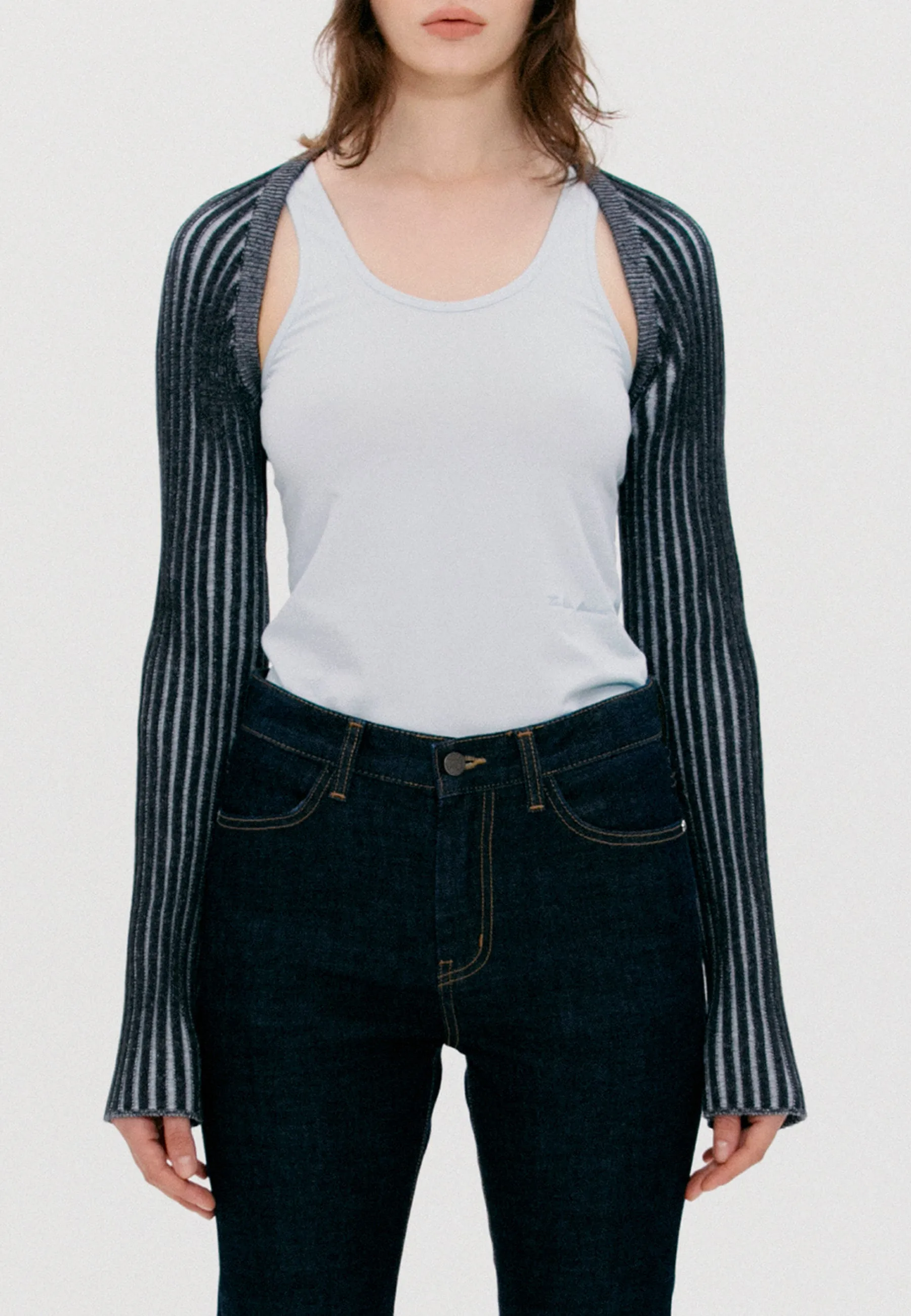 Ribbed Fitted Bolero Cardigan - navy