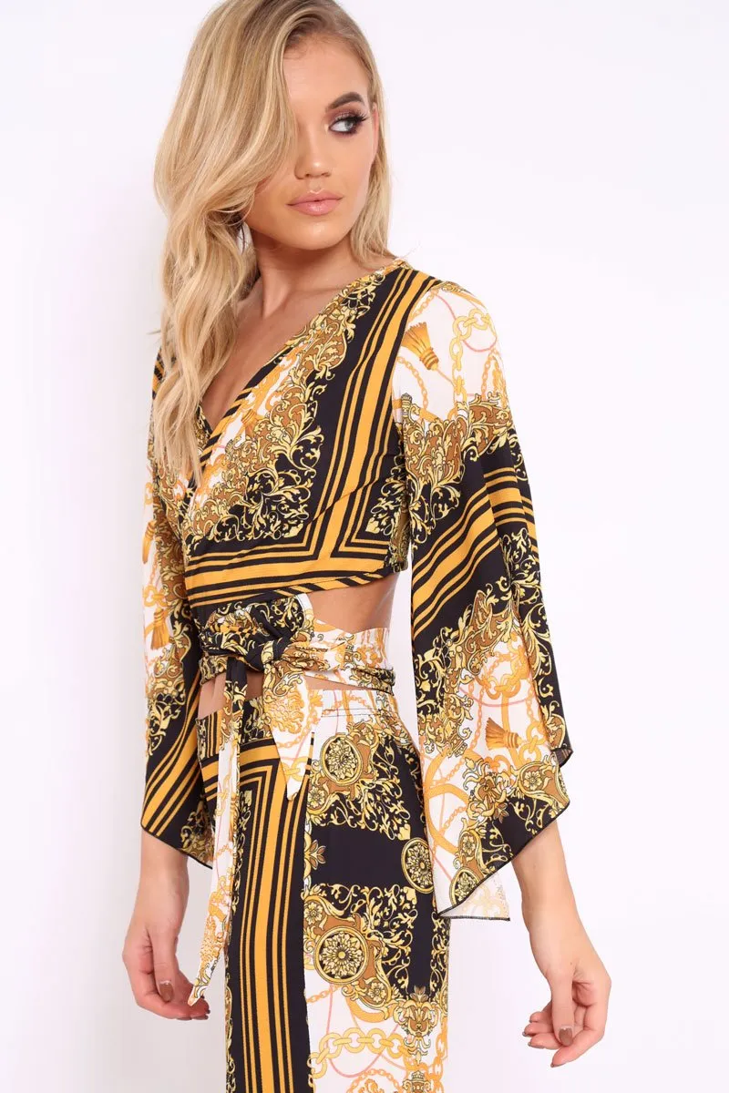 Scarf Print Wrap Tie Crop Blouse - Kay