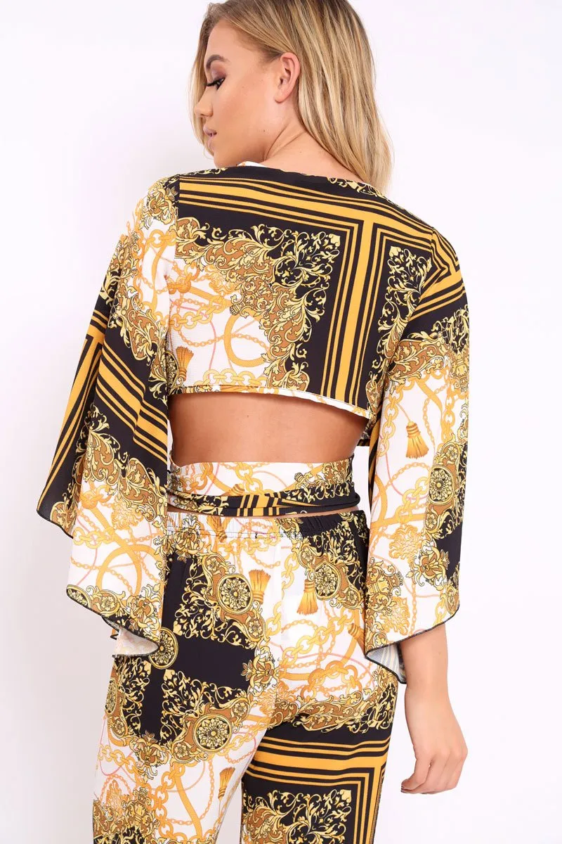 Scarf Print Wrap Tie Crop Blouse - Kay