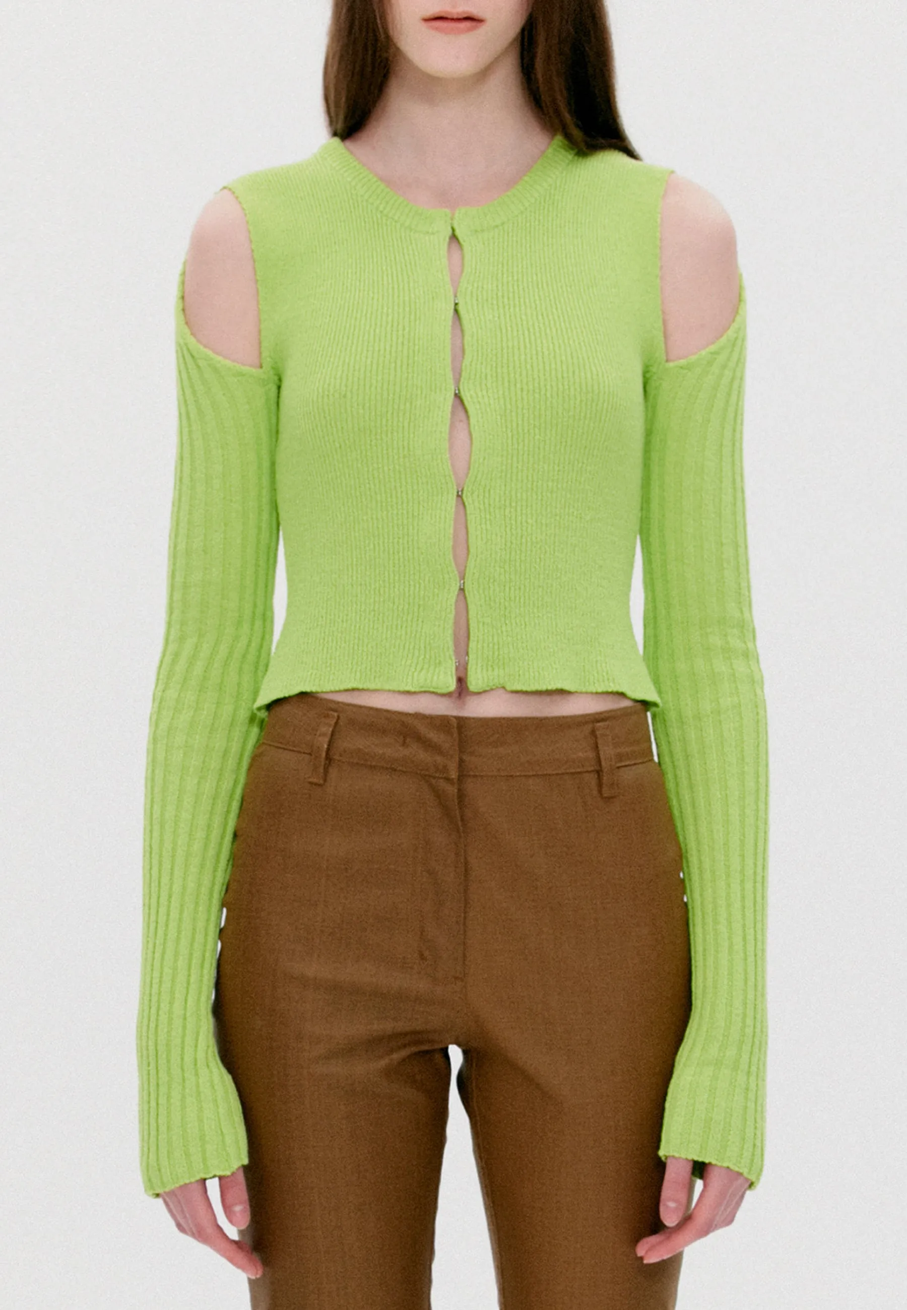 Shoulder Cut Fitted Cardigan - yellowish green