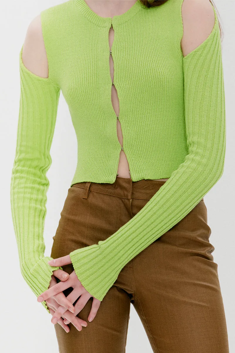 Shoulder Cut Fitted Cardigan - yellowish green