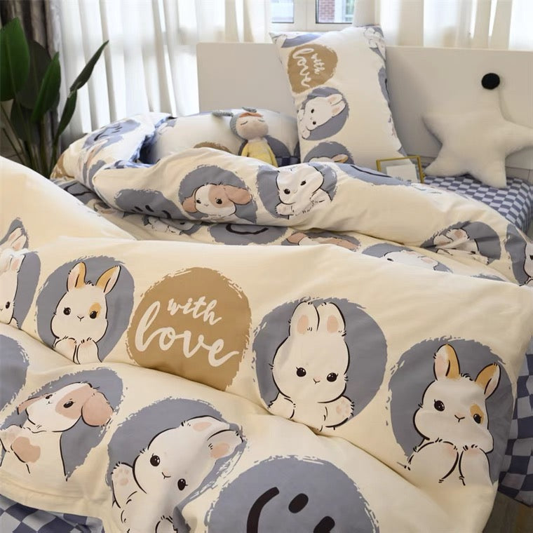 Smile face rabbit cotton bedding sets duvet cover pillow case bed sheet