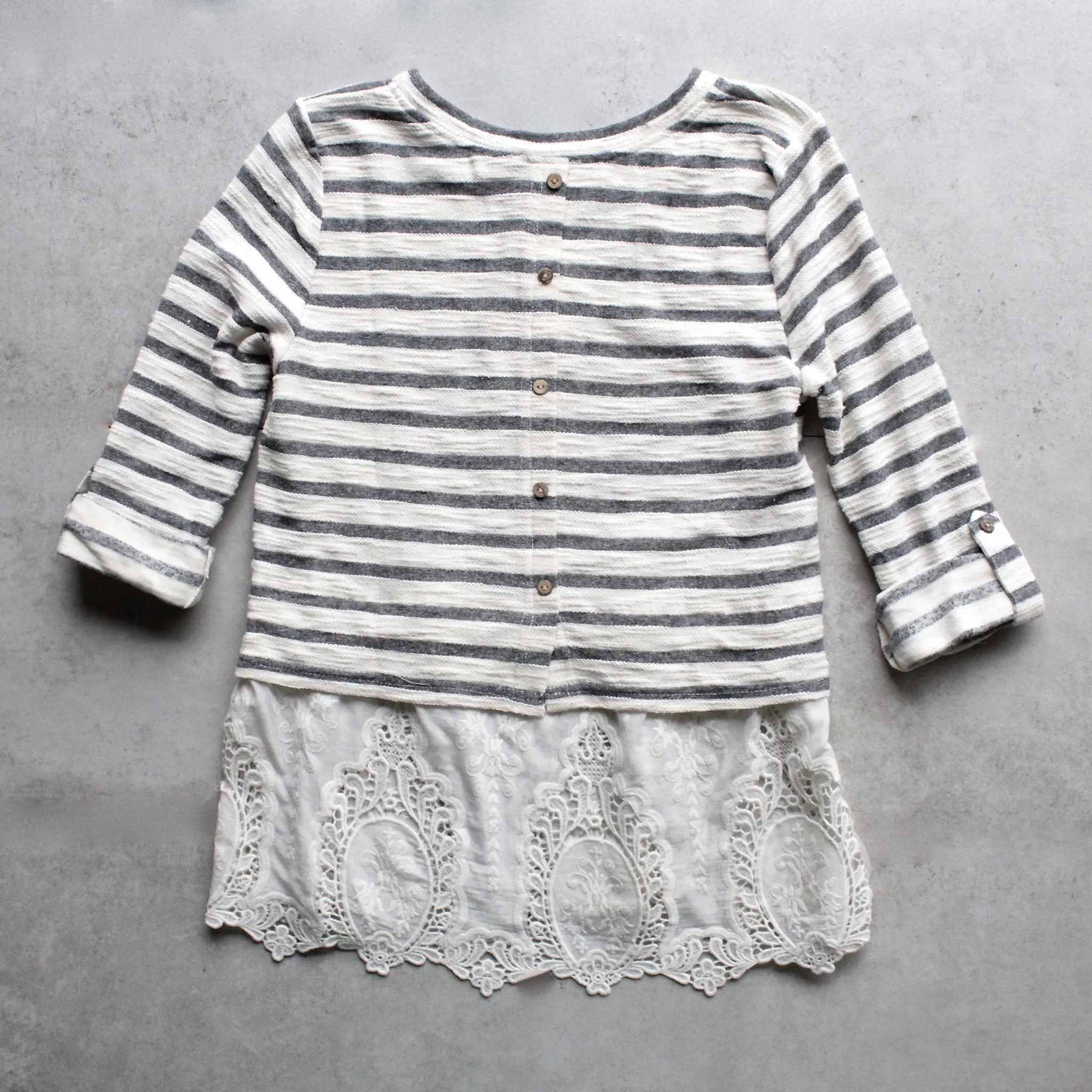 Striped Button Up Back Vintage Lace Hem Women's Sweater Top