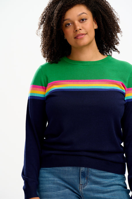 Sugarhill - Rita Jumper - Navy Green Rainbow Stripe