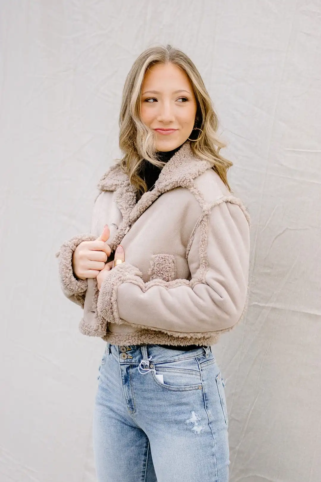 Taupe Shearling Button Jacket