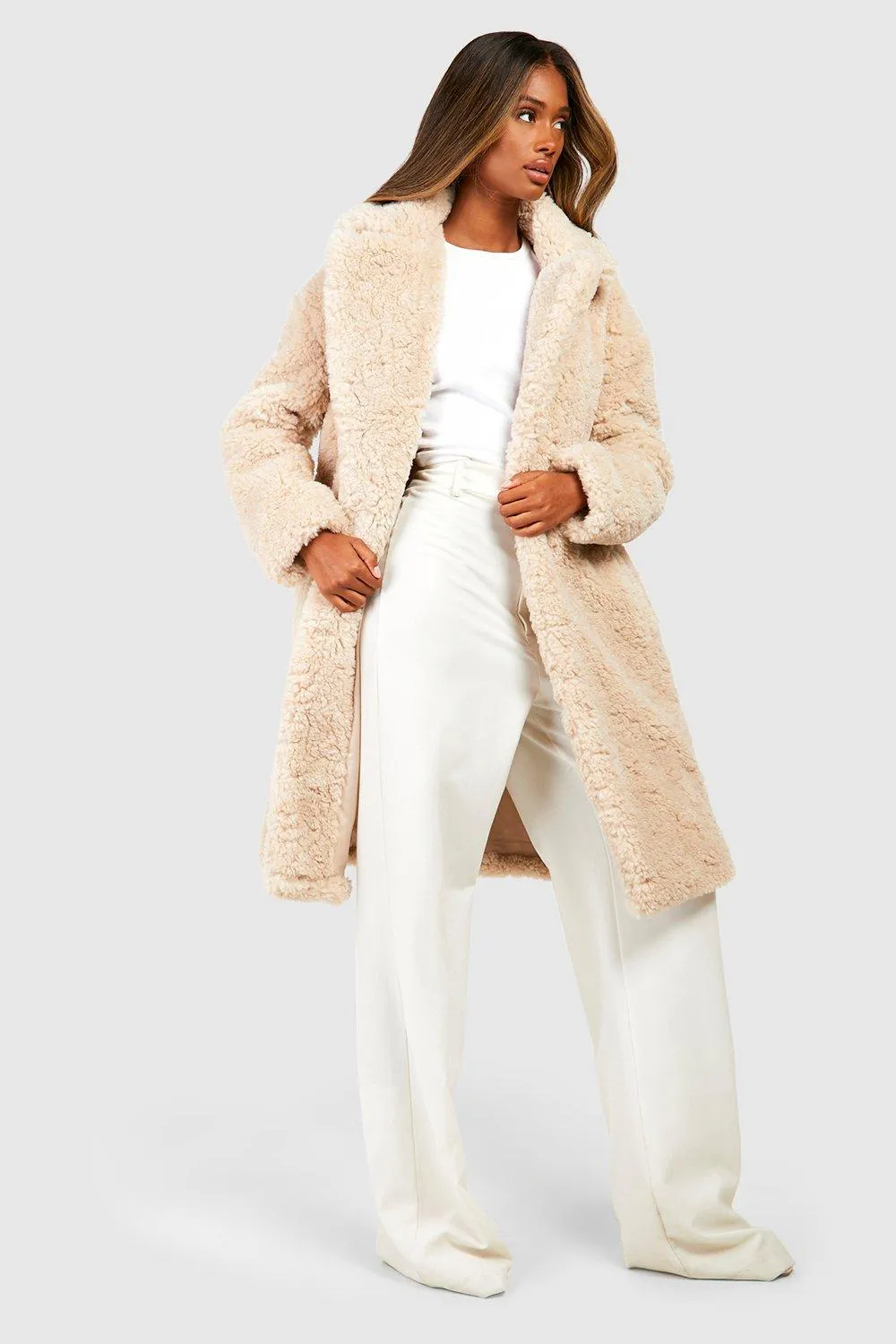 Textured Belted Faux Fur Coat