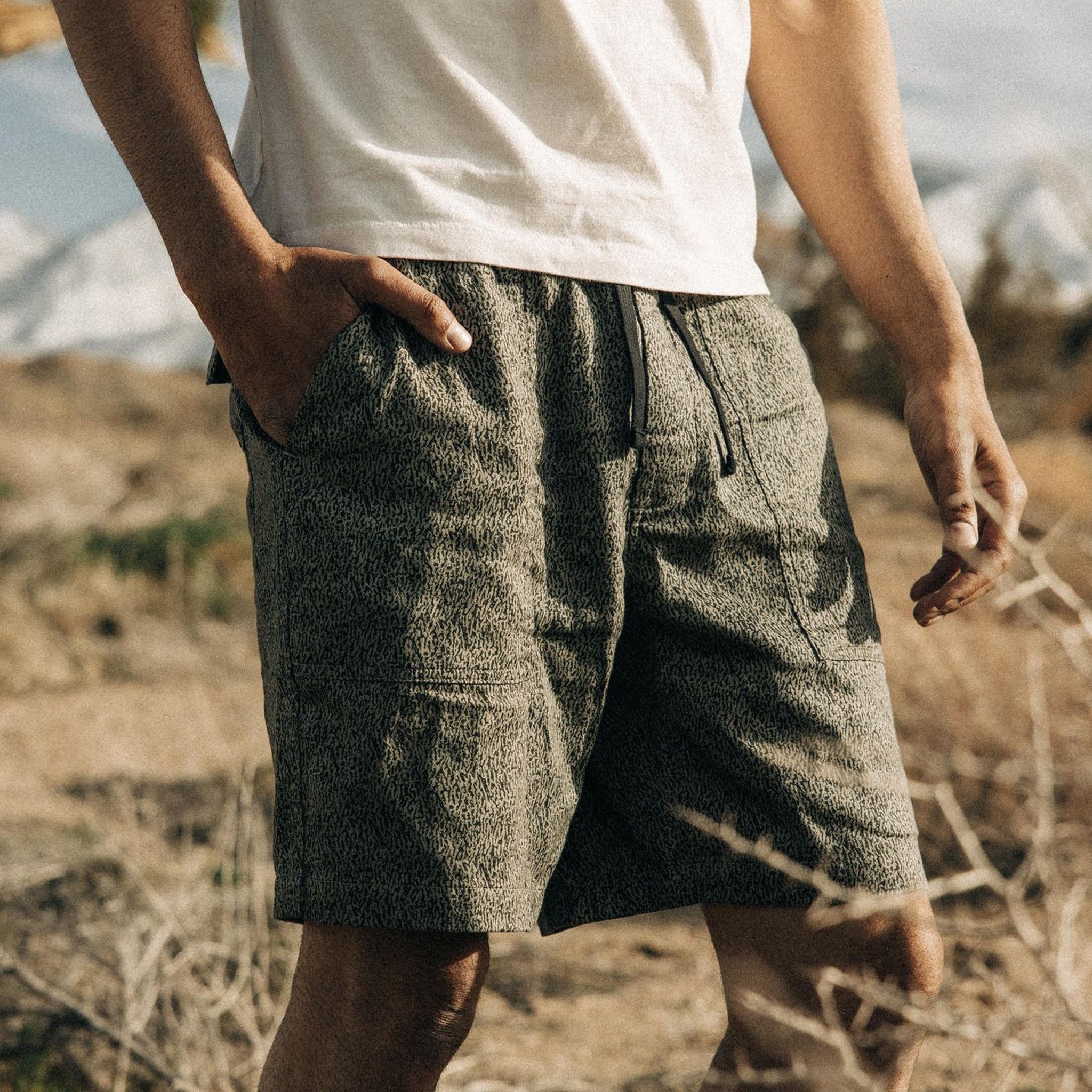 The Apres Trail Short in Static Camo Double Cloth