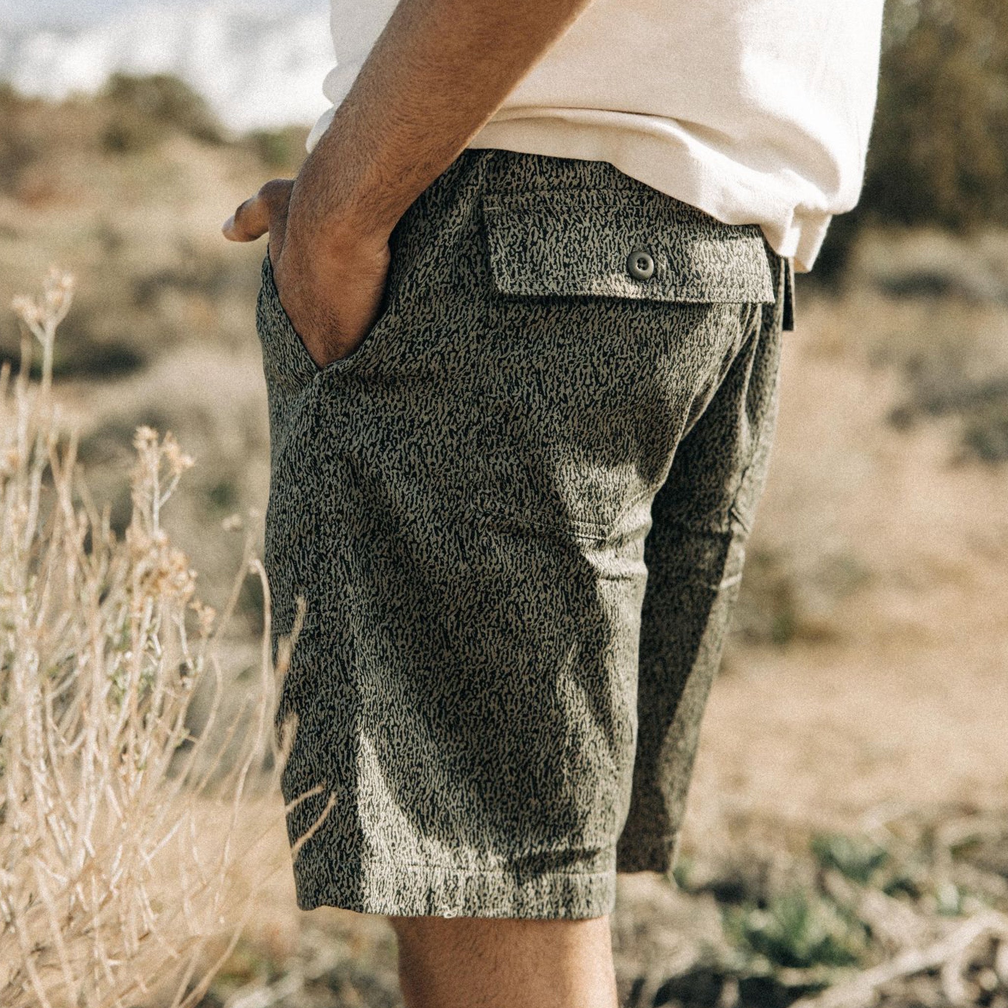 The Apres Trail Short in Static Camo Double Cloth