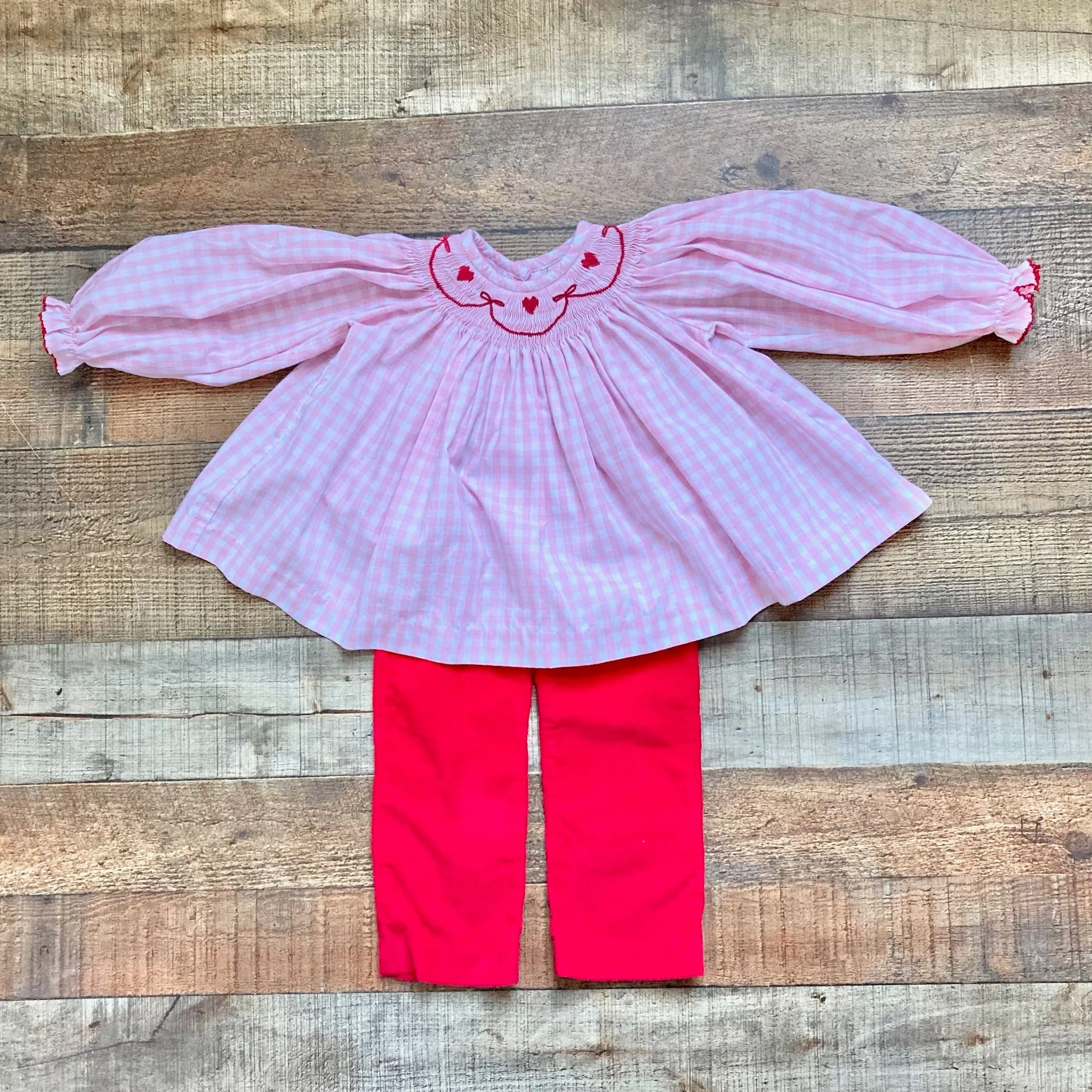 The Beaufort Bonnet Company Heart Smocked Top with Red Pants Set- Size 18-24M