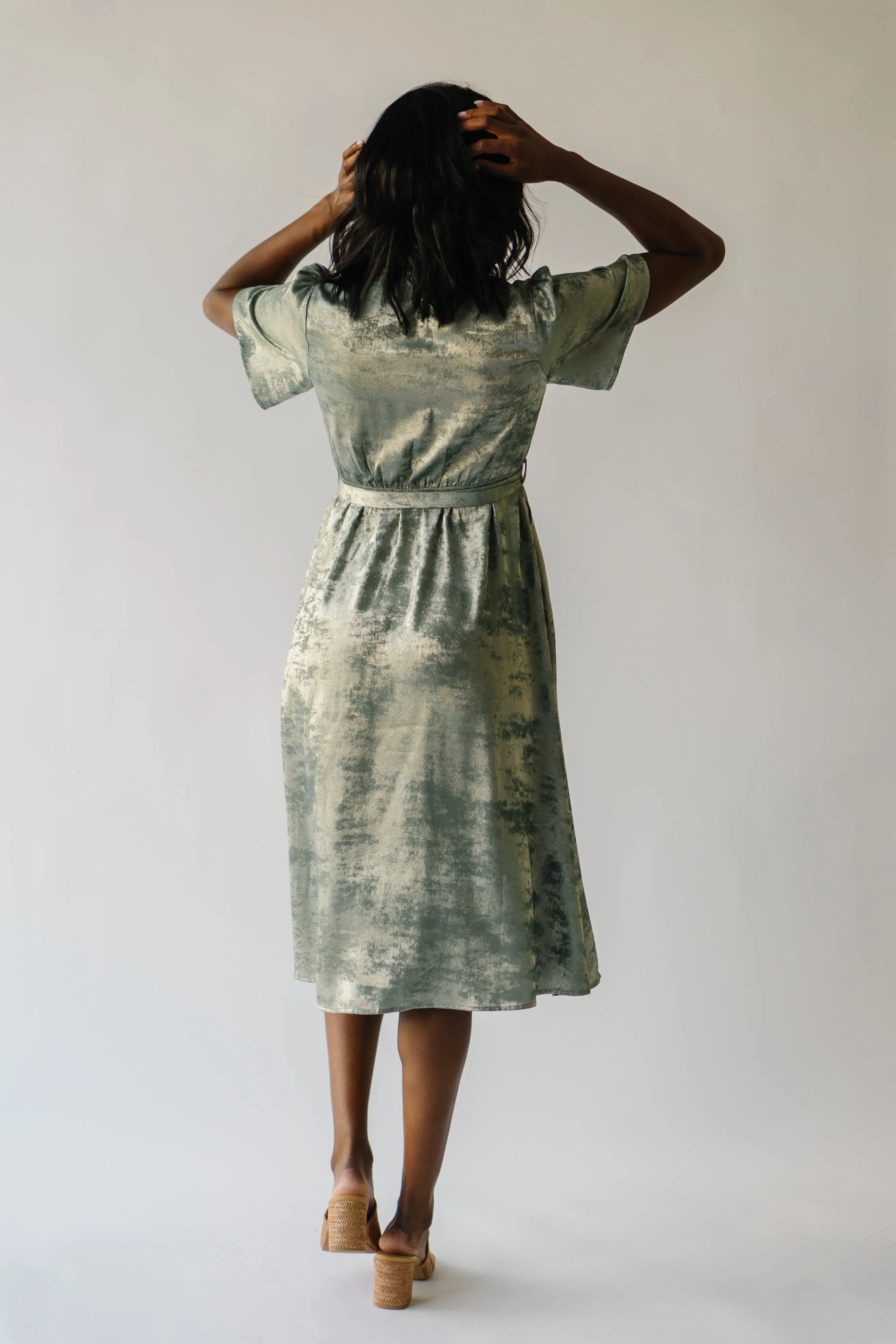 The Elaine Tie Detail Dress in Olive Metallic