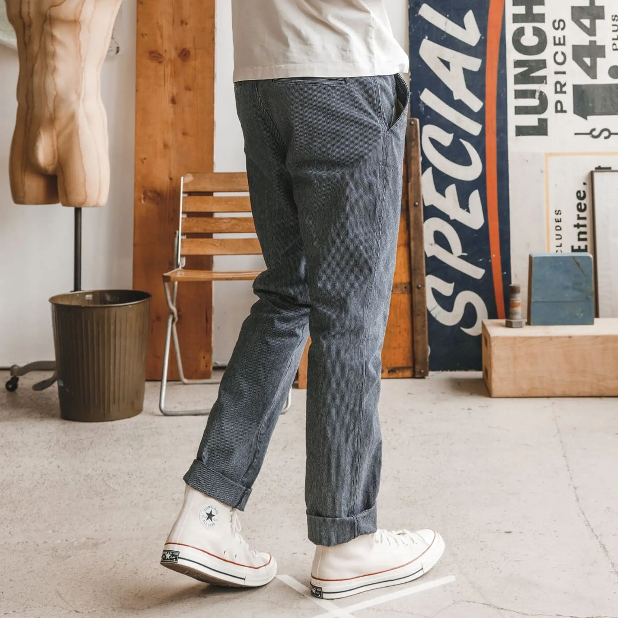 The Morse Pant in Washed Indigo Stripe