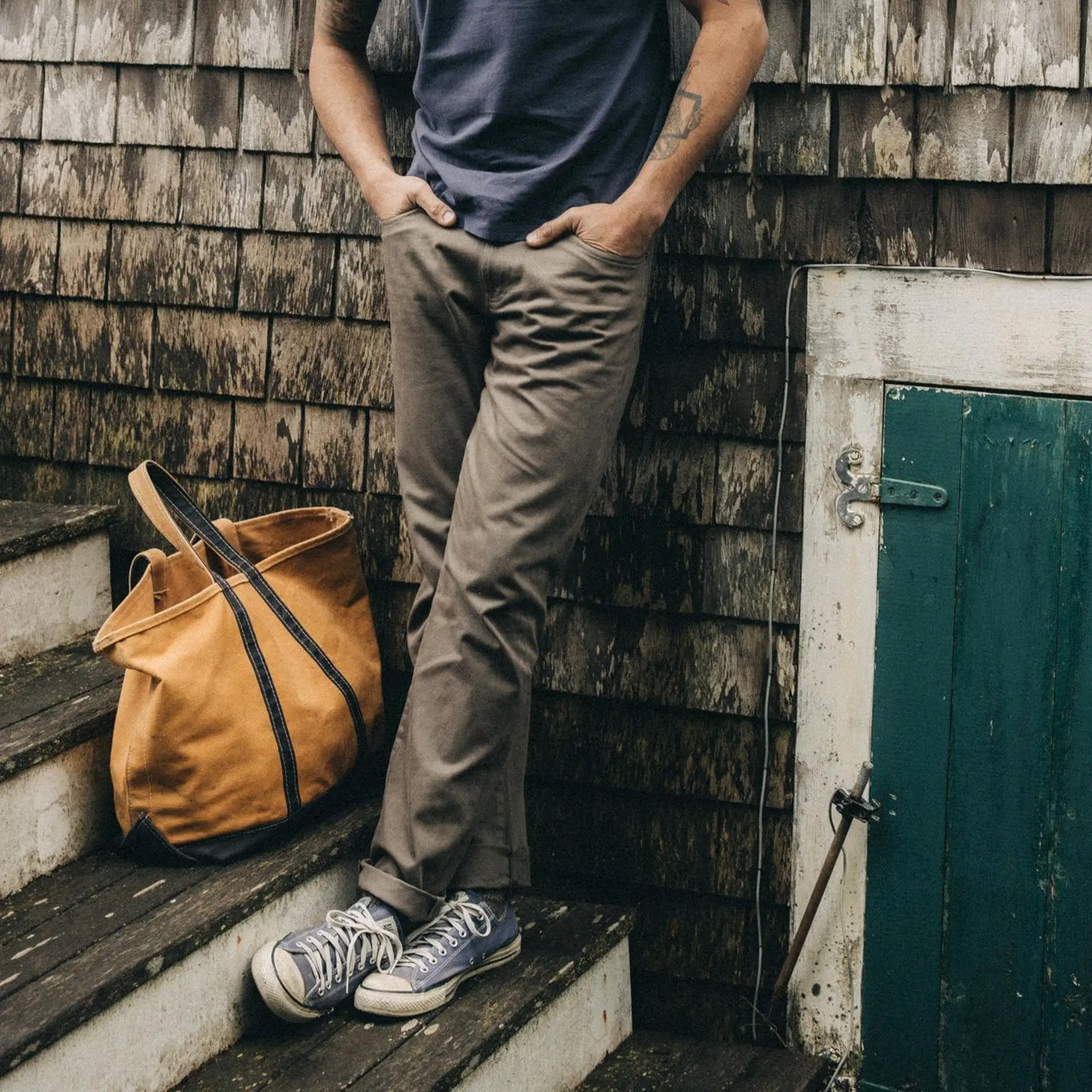 The Slim All Day Pant in Fatigue Olive Selvage Denim