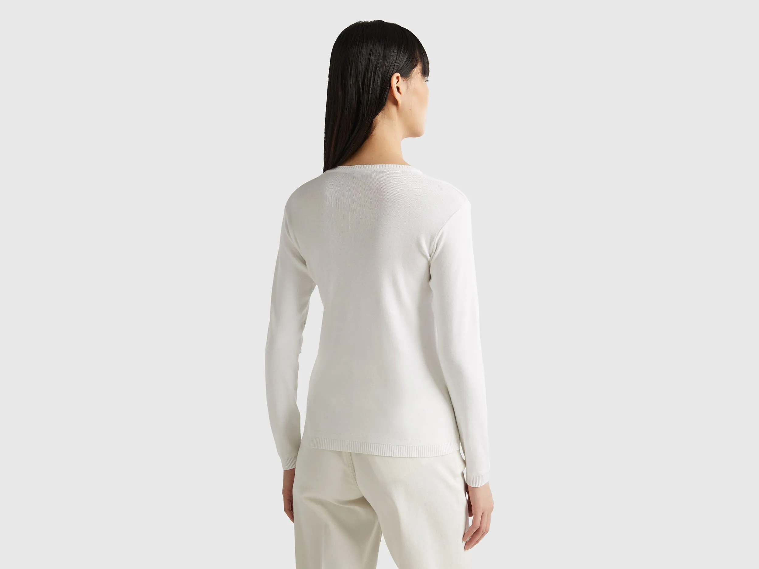 V-neck sweater in pure cotton - White | Benetton