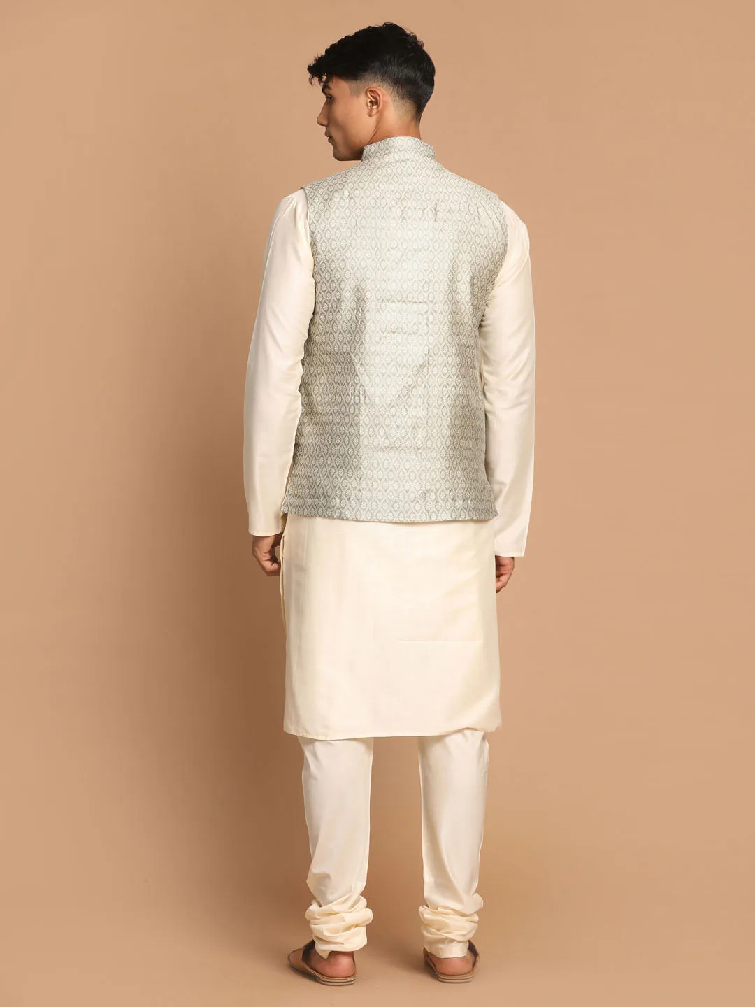 VASTRAMAY Men's Beige Jacquard Nehru Jacket with Kurta Pyjama Set