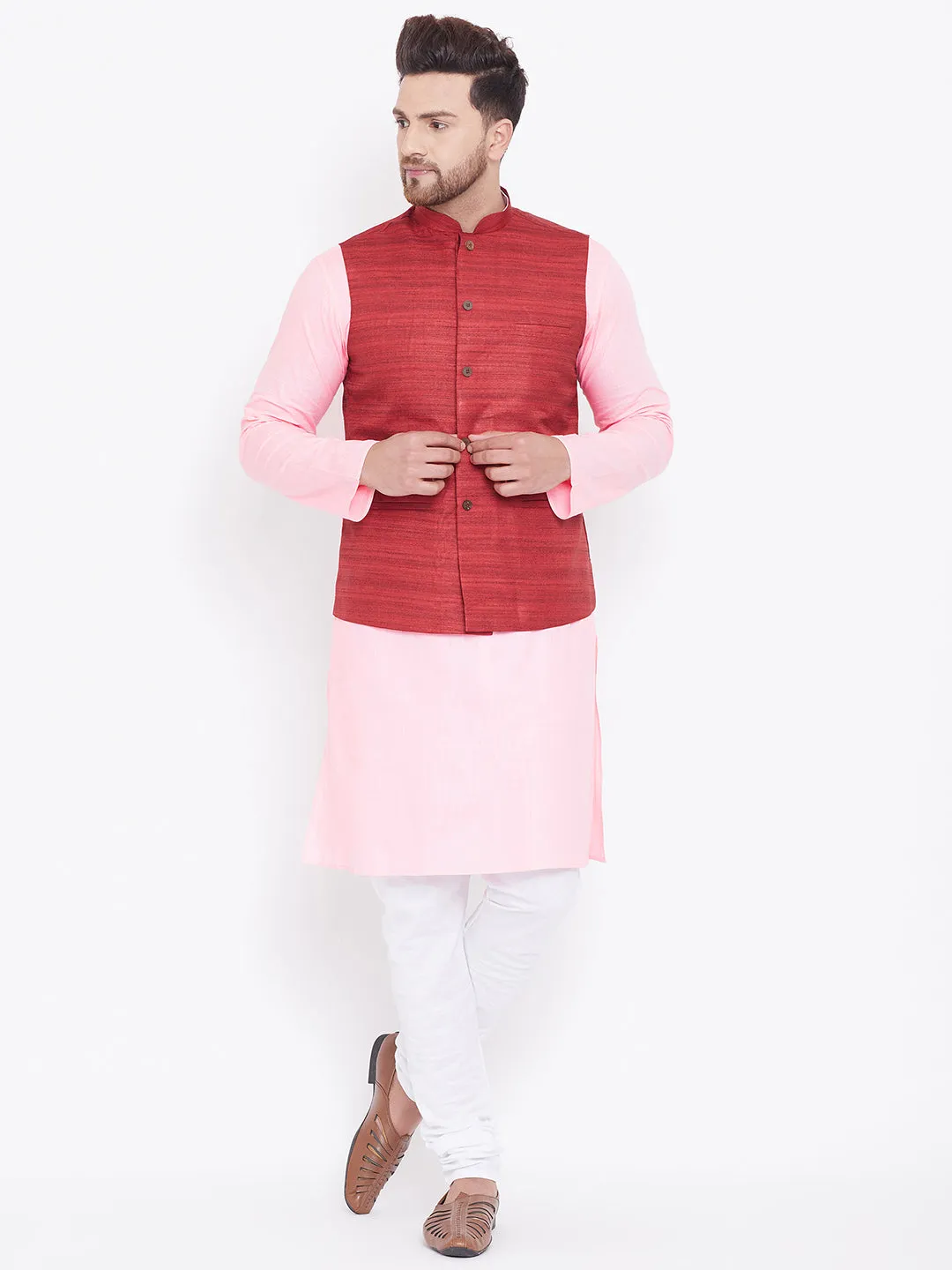 VASTRAMAY Men's Maroon, Pink And White Cotton Blend Jacket, Kurta and Pyjama Set