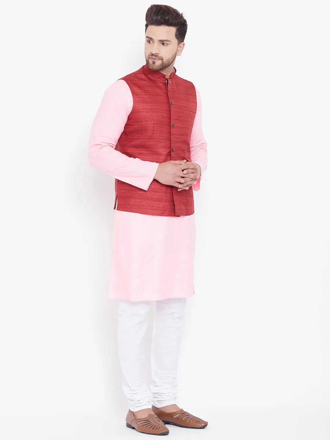 VASTRAMAY Men's Maroon, Pink And White Cotton Blend Jacket, Kurta and Pyjama Set