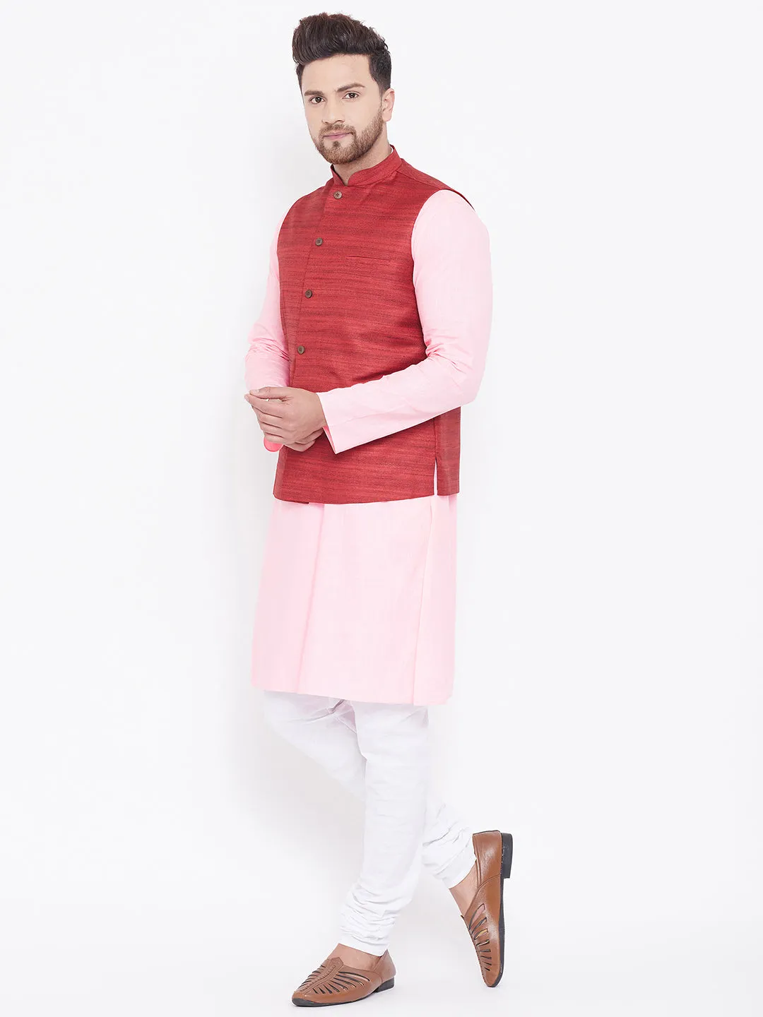 VASTRAMAY Men's Maroon, Pink And White Cotton Blend Jacket, Kurta and Pyjama Set