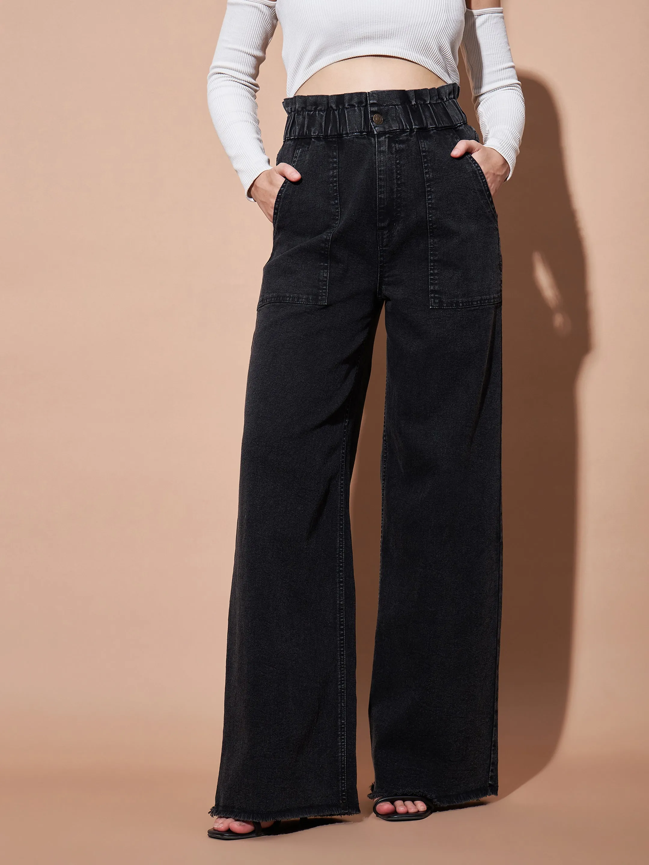 Women Black Paper Bag Waist Straight Jeans