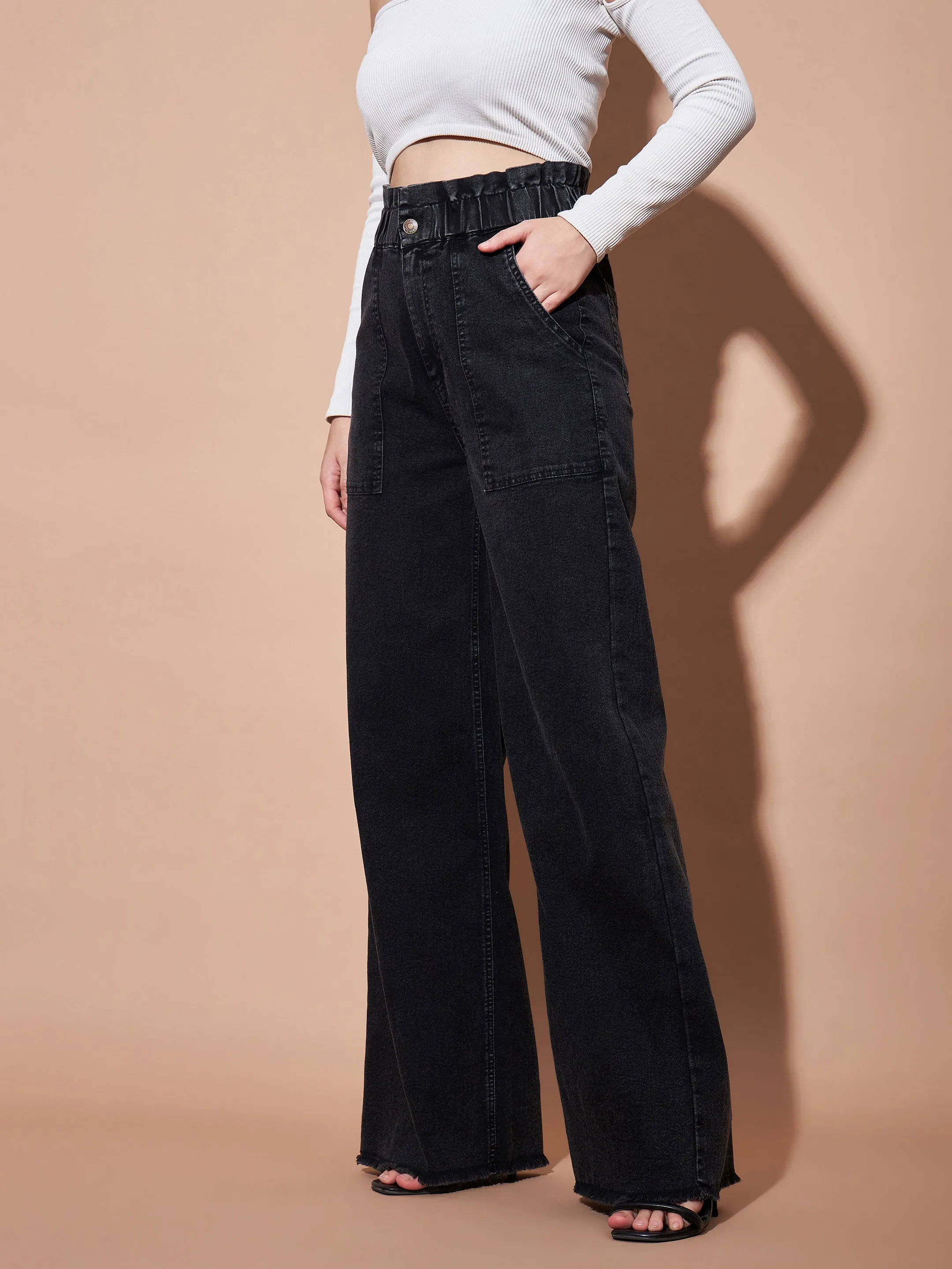 Women Black Paper Bag Waist Straight Jeans