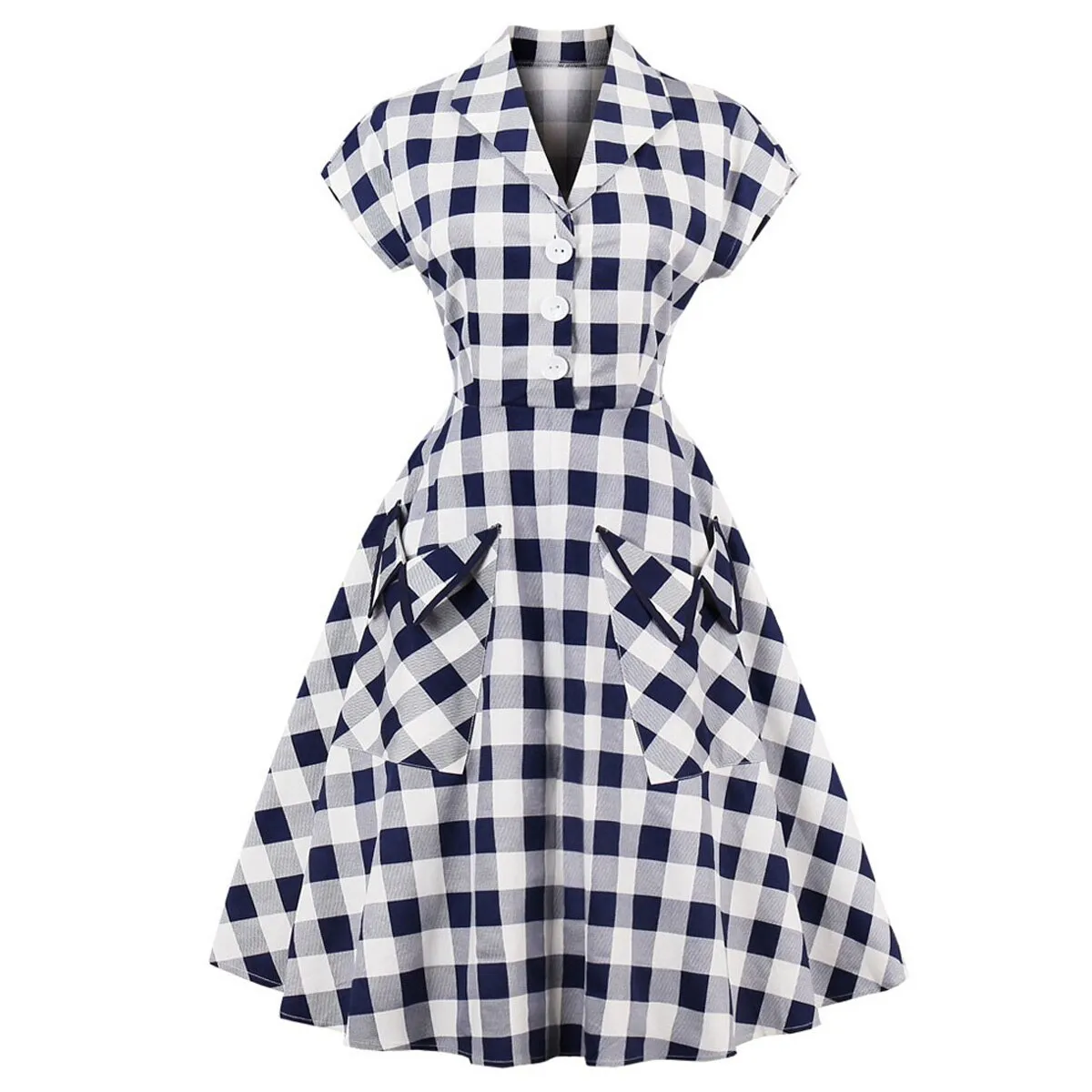 Women Cotton Short Sleeve Turn Down Collar Robe Pin Up Swing Blue Plaid Vintage Dress