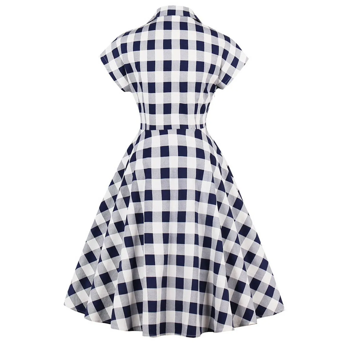 Women Cotton Short Sleeve Turn Down Collar Robe Pin Up Swing Blue Plaid Vintage Dress