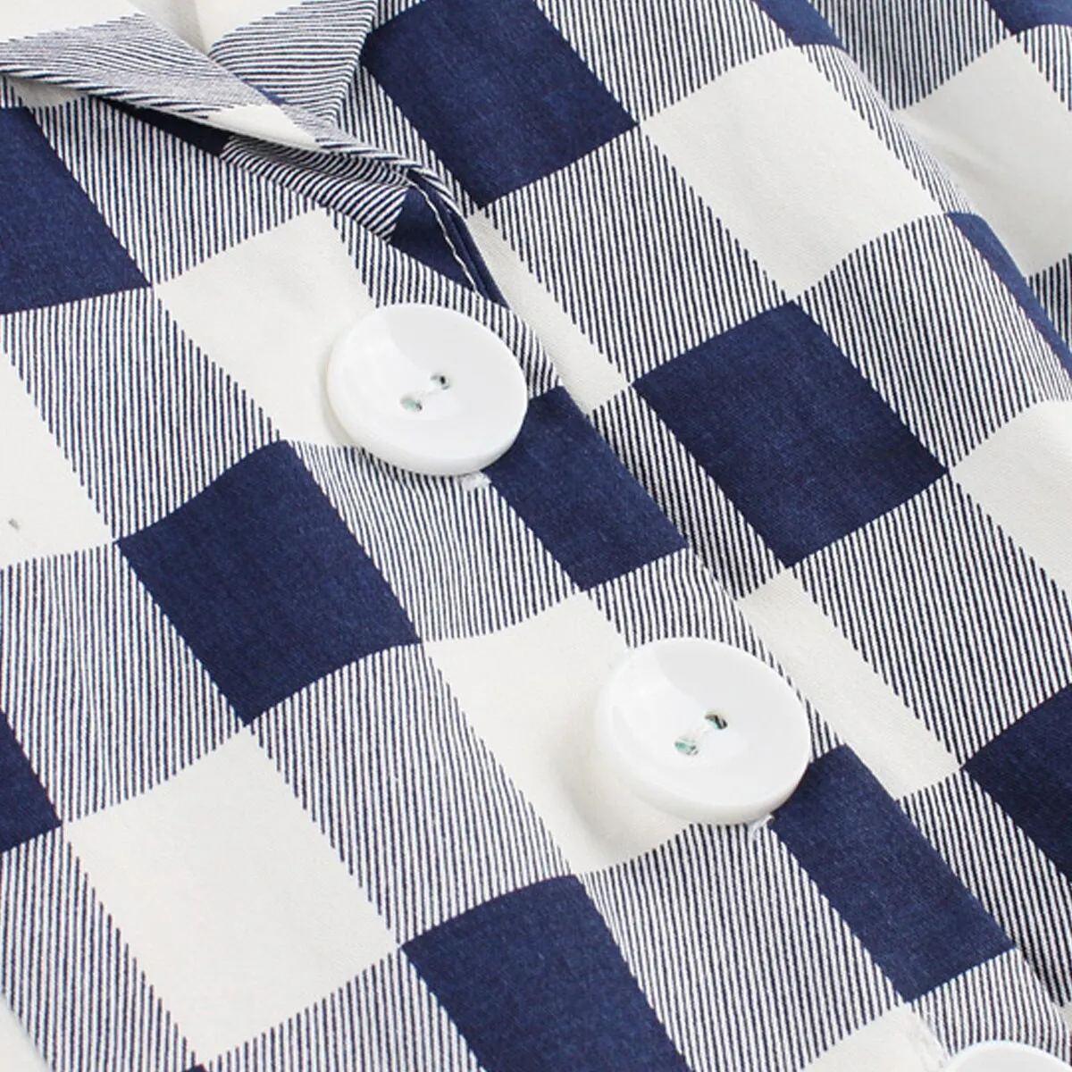 Women Cotton Short Sleeve Turn Down Collar Robe Pin Up Swing Blue Plaid Vintage Dress