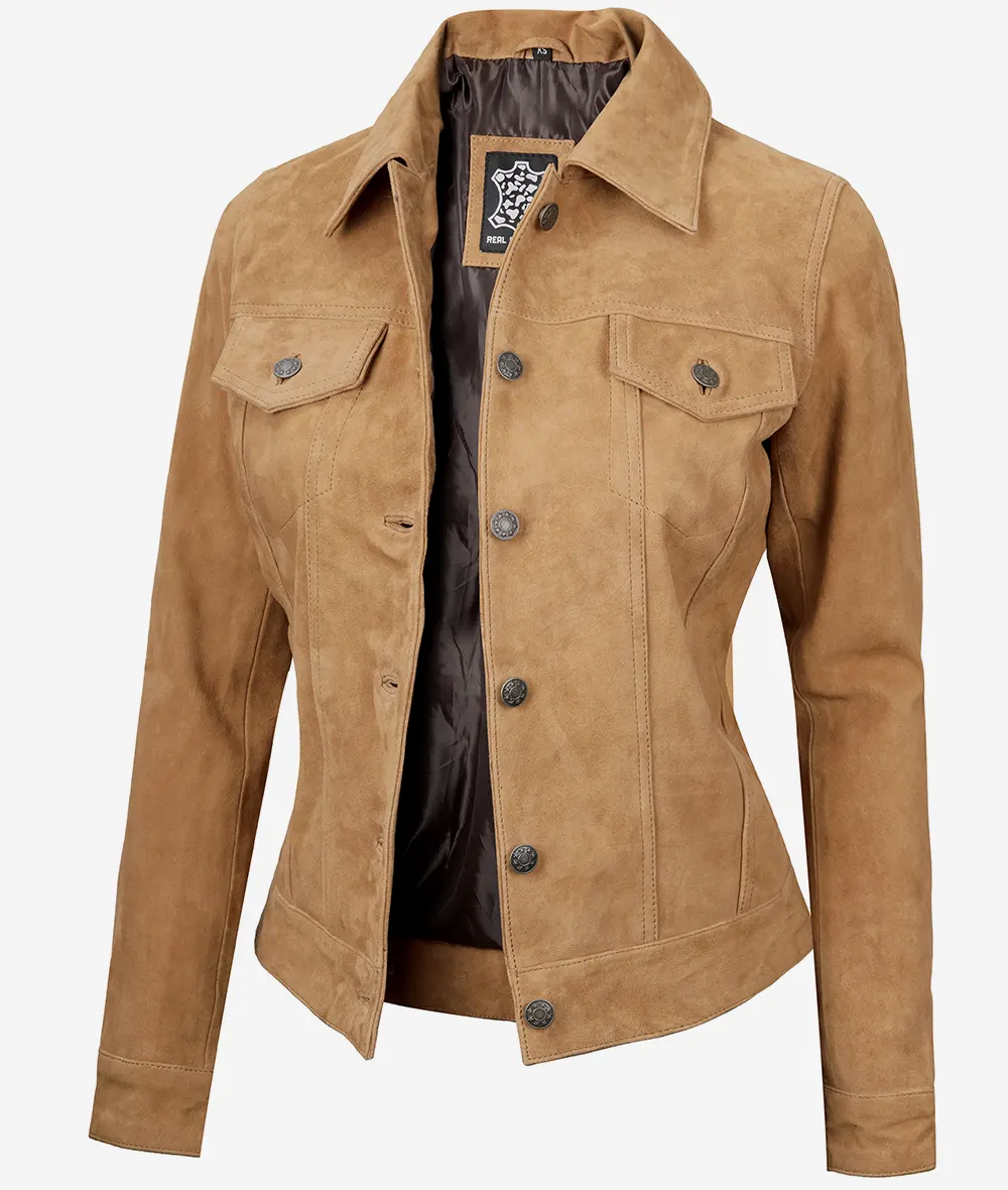 Women's Light Brown Suede Trucker Jacket