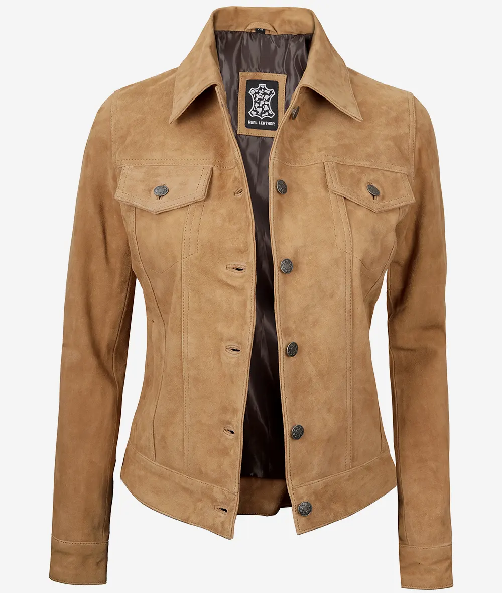 Women's Light Brown Suede Trucker Jacket