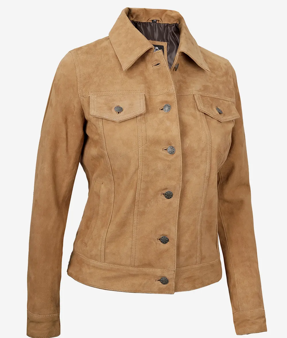 Women's Light Brown Suede Trucker Jacket