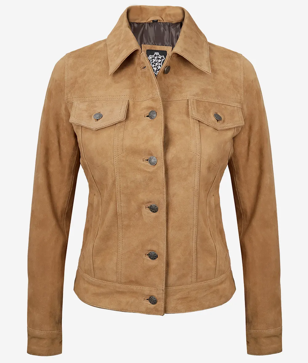 Women's Light Brown Suede Trucker Jacket