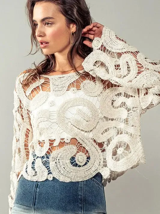 Women's Crochet Bell Sleeved Sweater in Cream