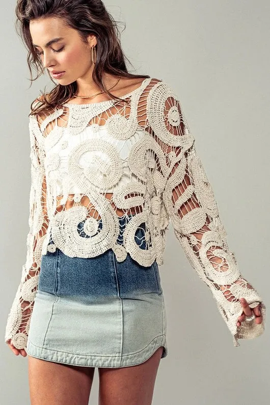 Women's Crochet Bell Sleeved Sweater in Cream