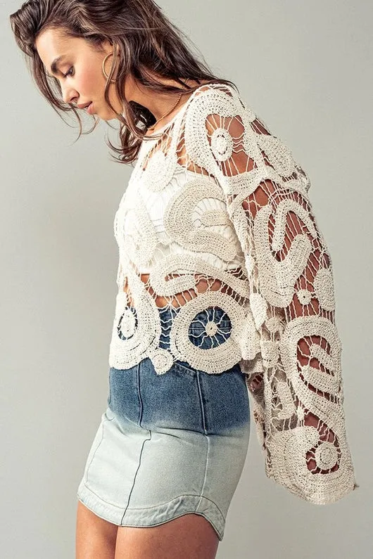 Women's Crochet Bell Sleeved Sweater in Cream